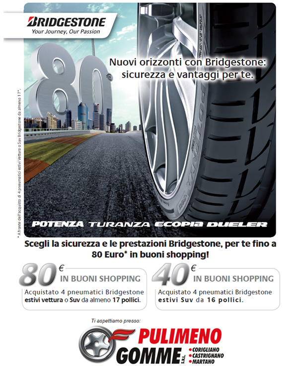 80€ in buoni shopping acquistando 4 pneumatici BRIDGESTONE da almeno 17 pollici